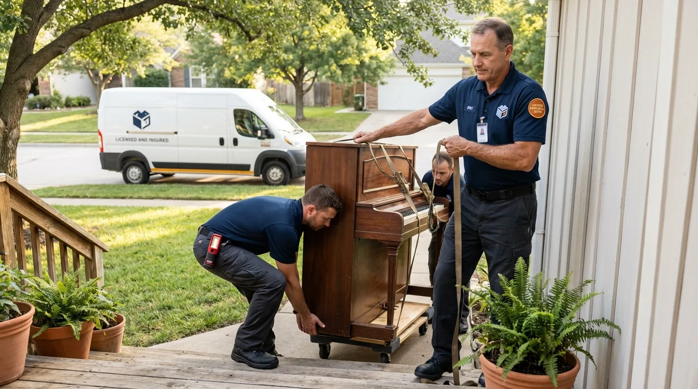 Licensed piano movers securing grand piano in Sellersville, PA