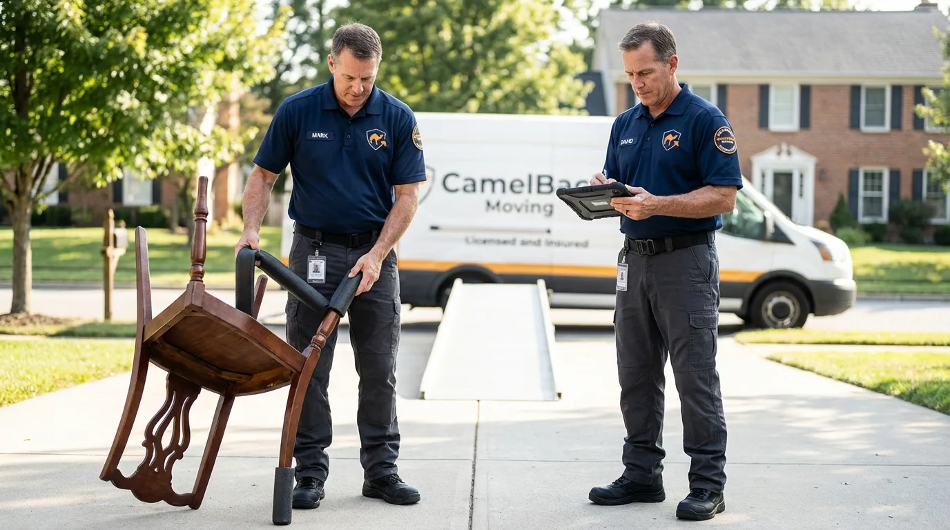 Movers inspecting furniture for damage prevention before loading in Sellersville, PA