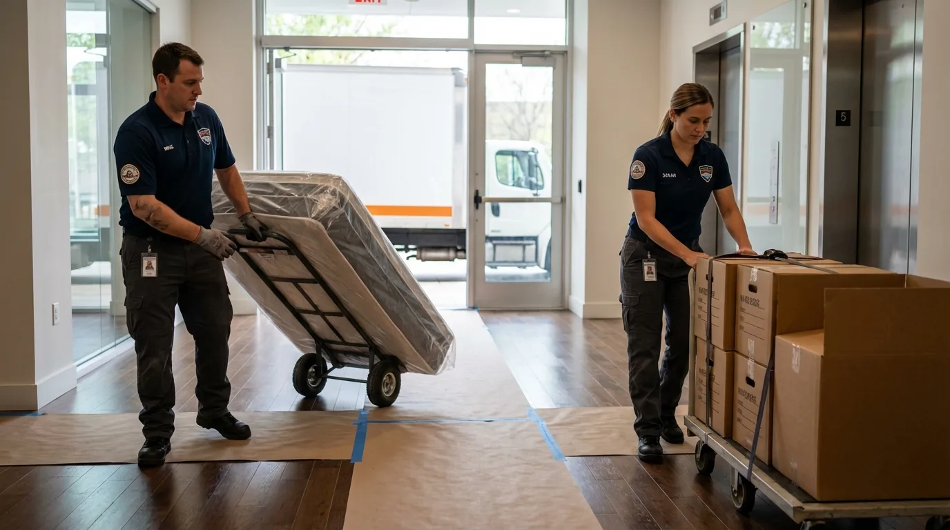 Professional apartment movers loading elevator in Sellersville, PA