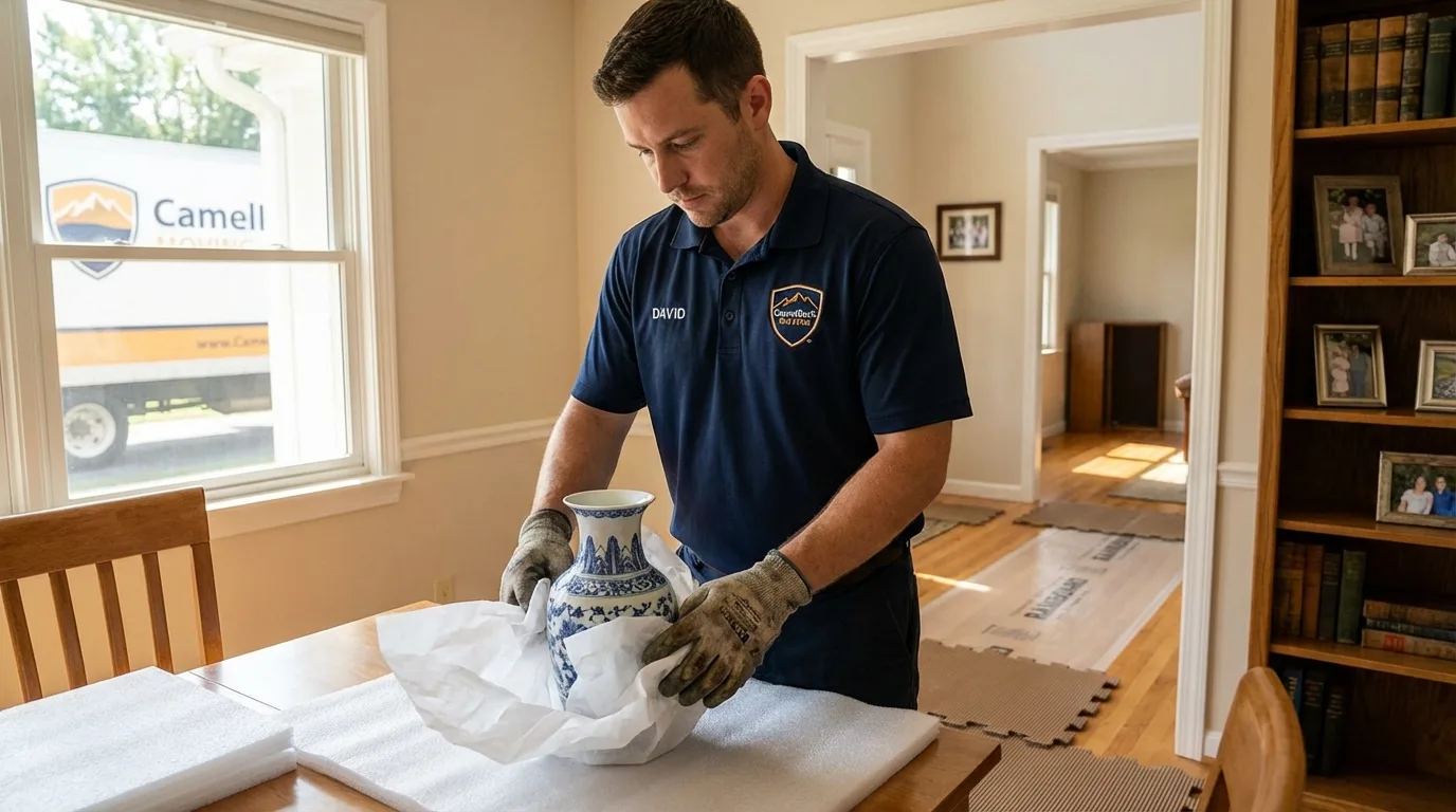 Professional crew carefully wrapping antique vase for senior downsizing move in Sellersville, PA